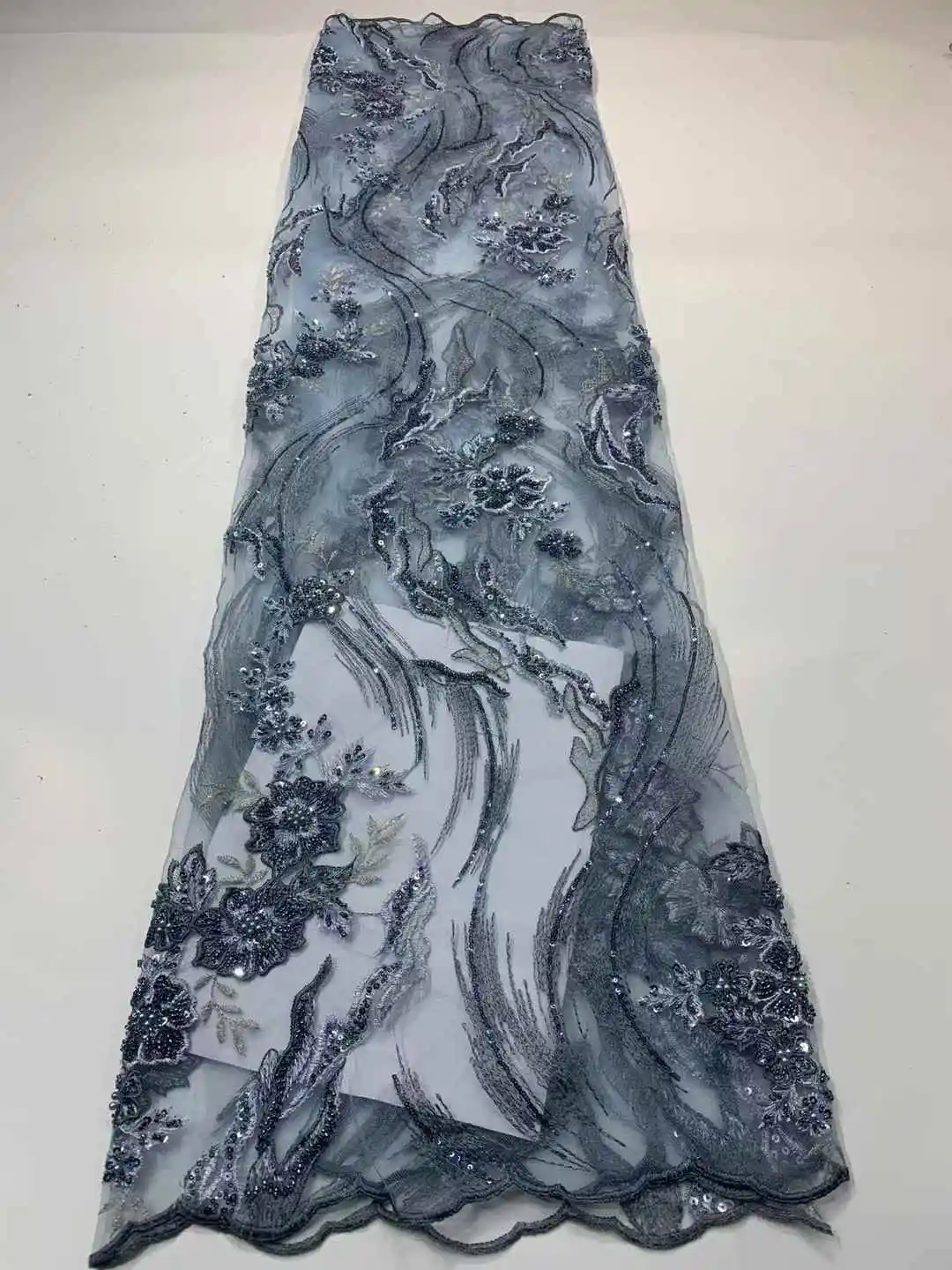 ผ้าลูกไม้ 5 หลา 2025 คุณภาพสูง ประดับด้วยลูกปัดและเลื่อม ผ้าลูกไม้ตาข่ายแอฟริกัน วัสดุแฟชั่นสำหรับผู้หญิง ผ้าลูกไม้หรูหรา