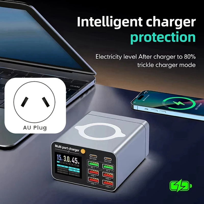 80W Charging Station with Retractable USB-C Cable Fast Charger for Tablet PC Phones Multiple Devices AU Plug [IANC-]
