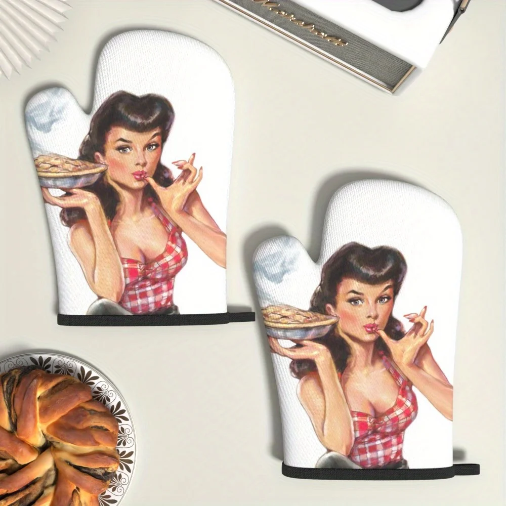 Sexy Girl Baking Oven Mitts Heat Resistant Kitchen Gloves with Insulating Mat Set for Grilling