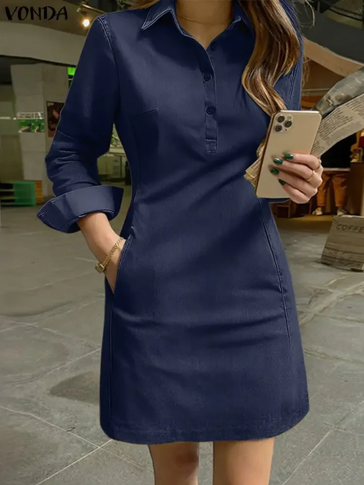 

Плюс размер 5XL VONDA, женские модные платья-рубашки, осень 202, повседневный сарафан с длинными рукавами и пуговицами, элегантное офисное женское мини-платье