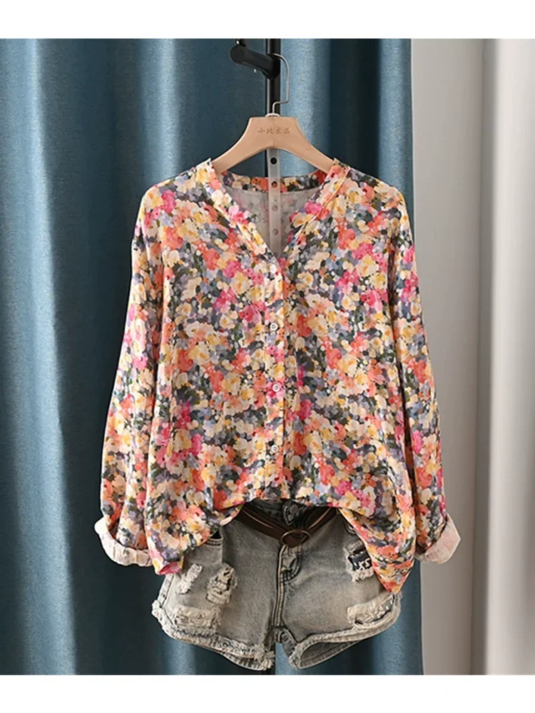 Unique Retro Flowers Print  Long Sleeve V-Neck Cotton Yarn Shirt Blouse  Female 2024 Spring