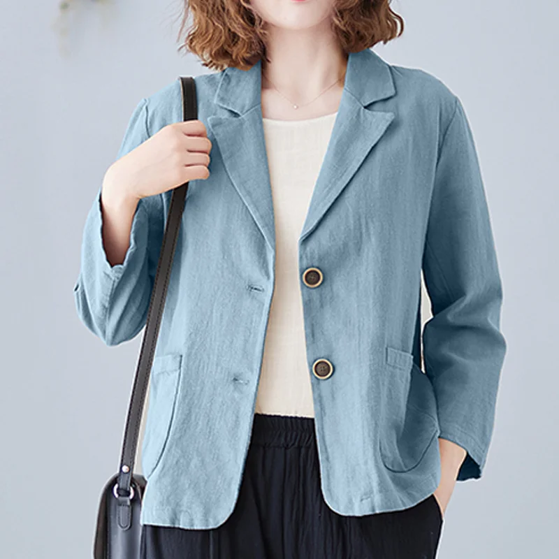 

Cotton Linen Women Blazers Autumn New Turn-Down Collar Pocket Solid Vintage Female Outwear Coats Tops