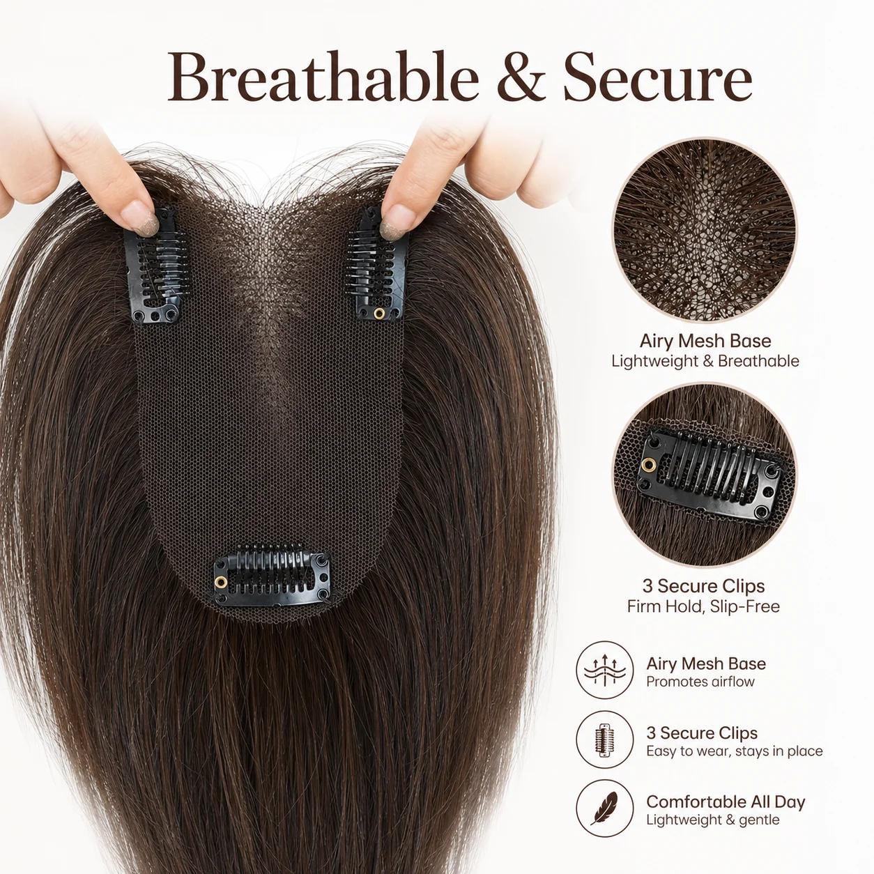 100% Remy Human Hair Lace Base Topper 10 Inch Brown with Curtain Bangs Fringe Clip In Hair Pieces for Women Thinning Hair