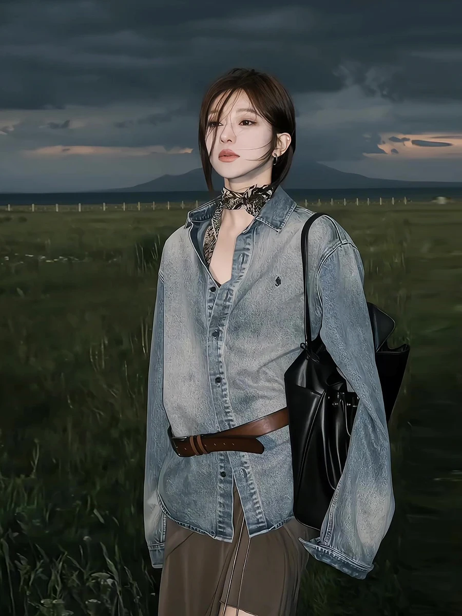 

Women's Denim Jacket Collar Embroidered Washed Heavy Duty Autumn New Style Skirt Set Irregular Hemline Long Sleeve Button
