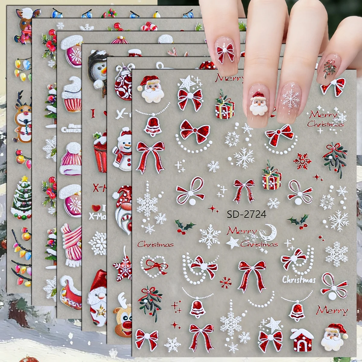 3 bis 15 Blatt 5D Weihnachts-Nagelsticker mit Motiven von Weihnachtsmann, Schneemann, Rentier, Baum, Schneeflocke, Schleife und Zuckerstange, selbstklebend – Detail 1