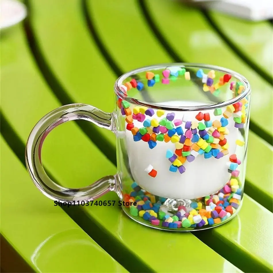 Double-layer Color Love Love quicksand Sequin Glass Ins Girl Heart Starry Sky Coffee Cup Simple Household Fresh Milk Cup