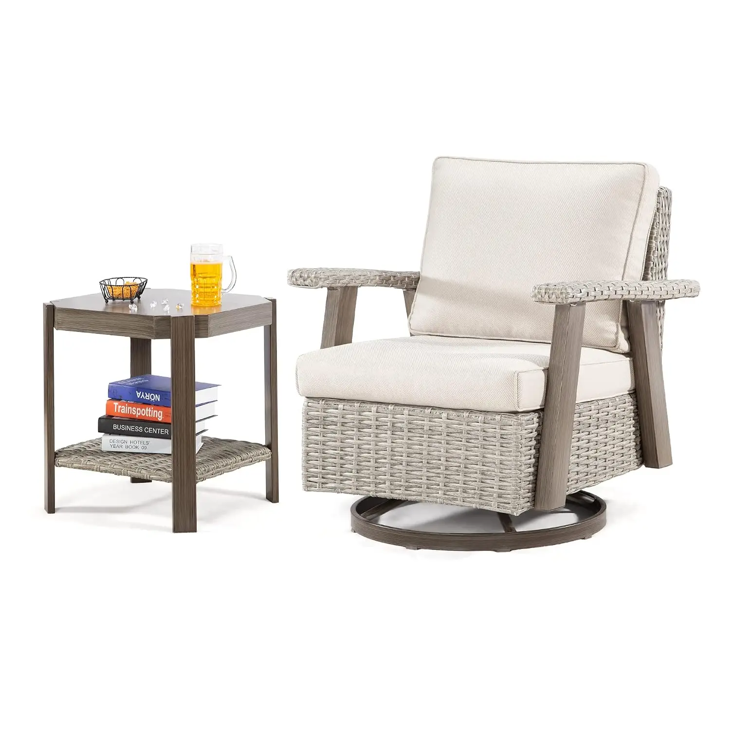 Patio Wicker Swivel Rocker Chair 2pcs, Outdoor 360° Rotation With Side Table & Cushion, Ergonomic Grey Beige, Customized