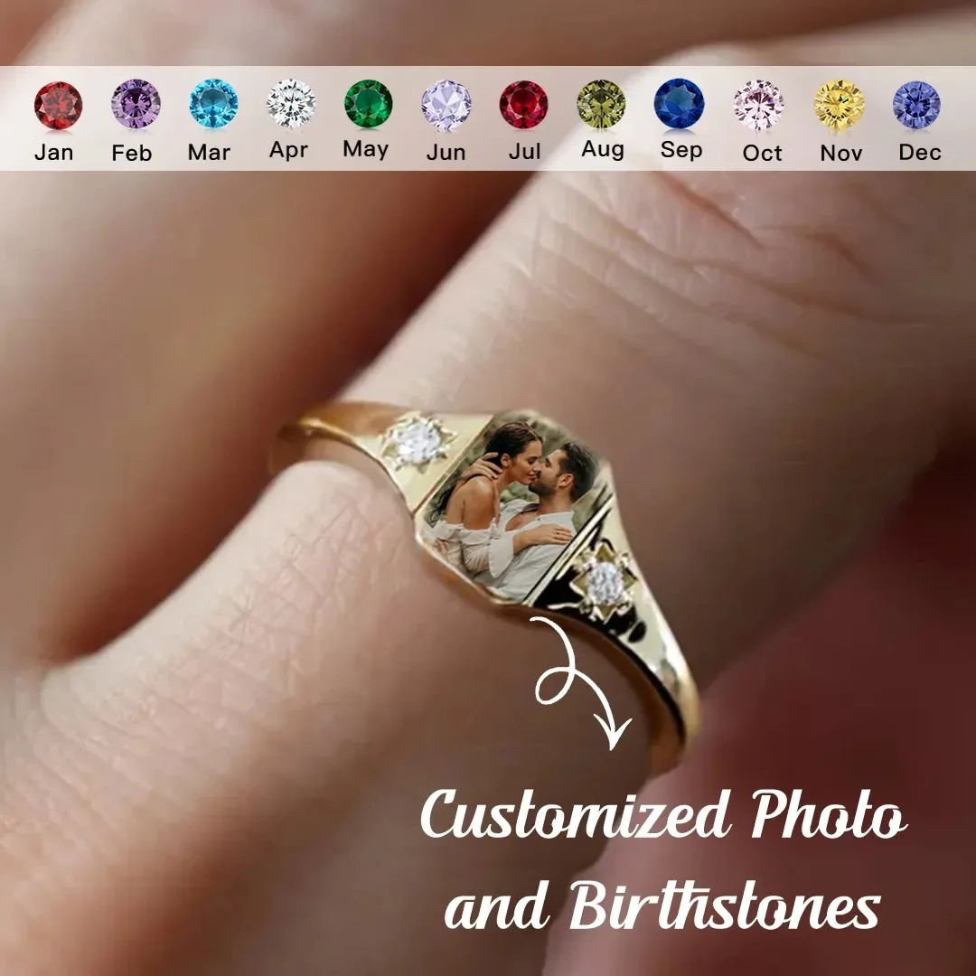 Hot Selling  Color Printing Rings Personalized Custom Picture Ring Birthstone Couple Pair Ring Birthday Gift