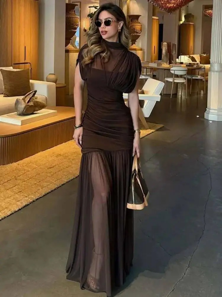 Blifanbo Mesh Sexy Ruched Maxi Dress Women Gown Elegant Half High Collar High Waist Sleeveless Bodycon Club Party Long Dresses