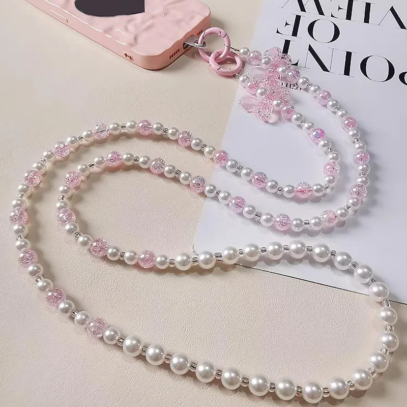 1Pcs Korean Pink Bowknot Phone Strap Charm Chain Colorful Beaded Cellphone Lanyard Keychain Woman Girl Bag Chain For Camera Case