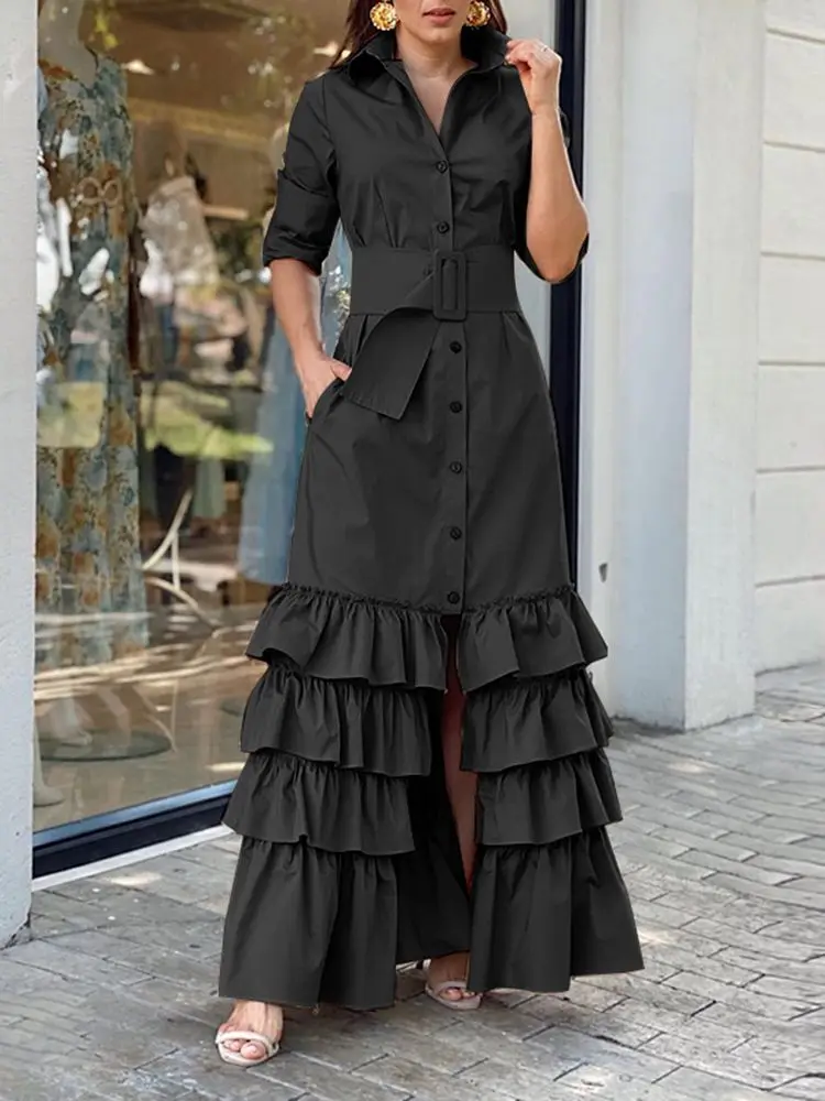 VONDA Women Ruffled Shirt Dress Autumn Party Maxi Dresses Ladies Long Sleeve Solid Bohemian Vestidos Lapel Button Down Sundress