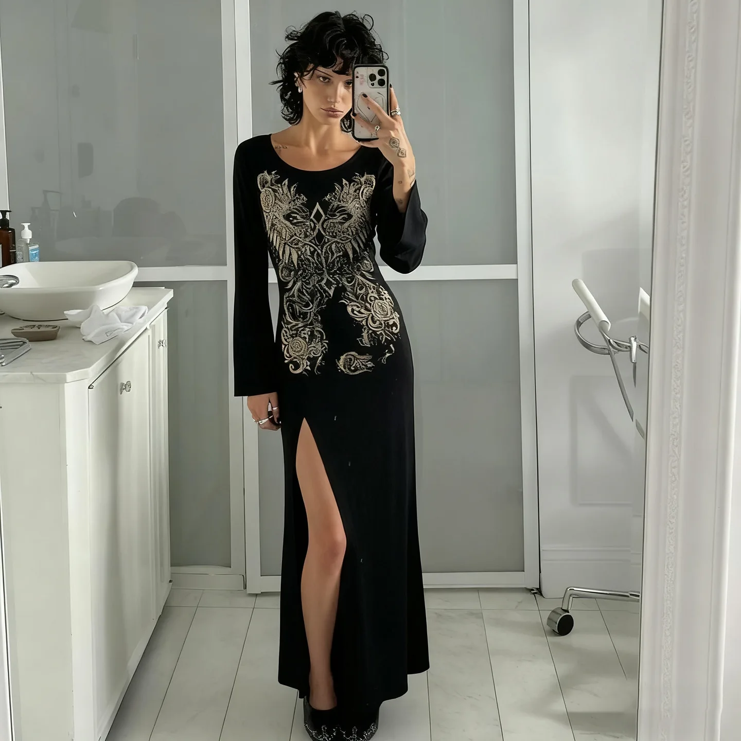 

2025 Autumn Vintage Printed Split Hipster Street Maxi Dress Women O Neck Full Sleeve Slim Casual Dark Unique Vestidos Streetwear