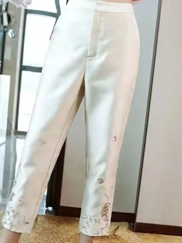 

Improved Harlan Eight-Piece Pants Embroidered Chinese Sle Nine-Piece Pants Retro Summer Hanfu Straight Leg High Waist Zipper