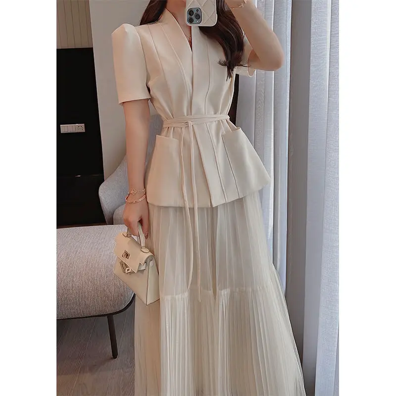 

Summer New Korean Style Short Sleeve Suit Coat Tops High Waist A-line Long Skirt Set Commuter Two Piece Sets Women Outfits