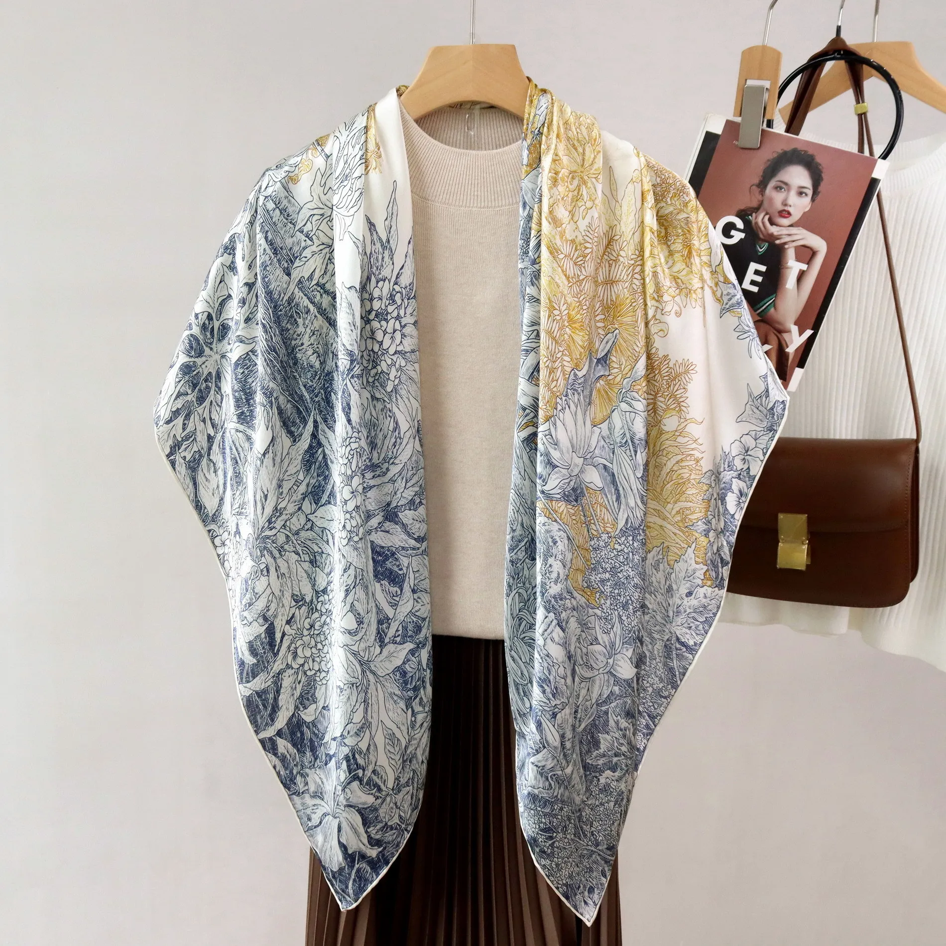 

Высококачественный элегантный женский изысканный ботанический сад с принтом, качественный 12 мм, простой шелк, скрученный вручную край, большой квадратный шарф, шаль