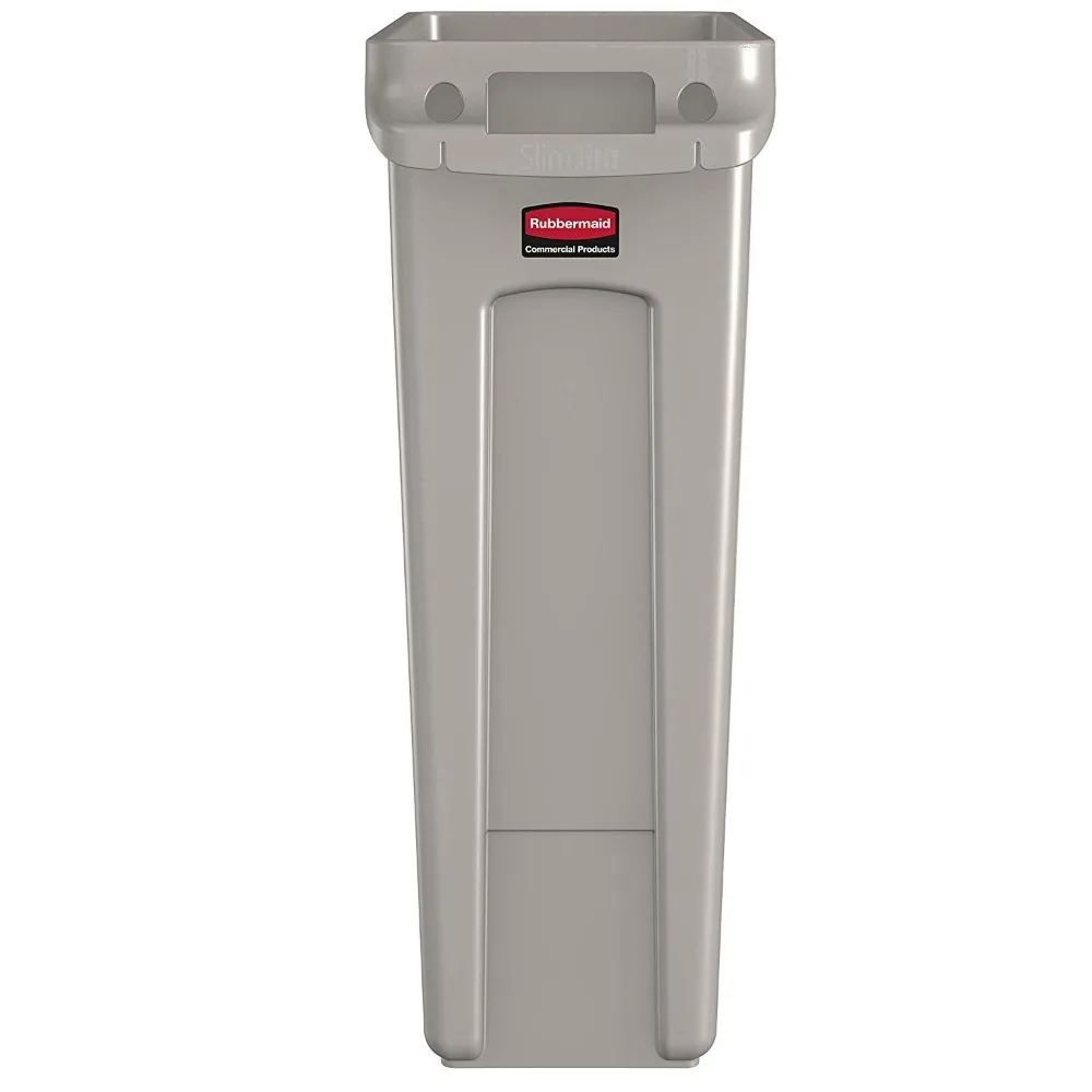 Commercial Products Slim Jim Plastic Rectangular Trash/Garbage Can/Bin with Venting Channels, 23 GAL, Beige, for Kitchens