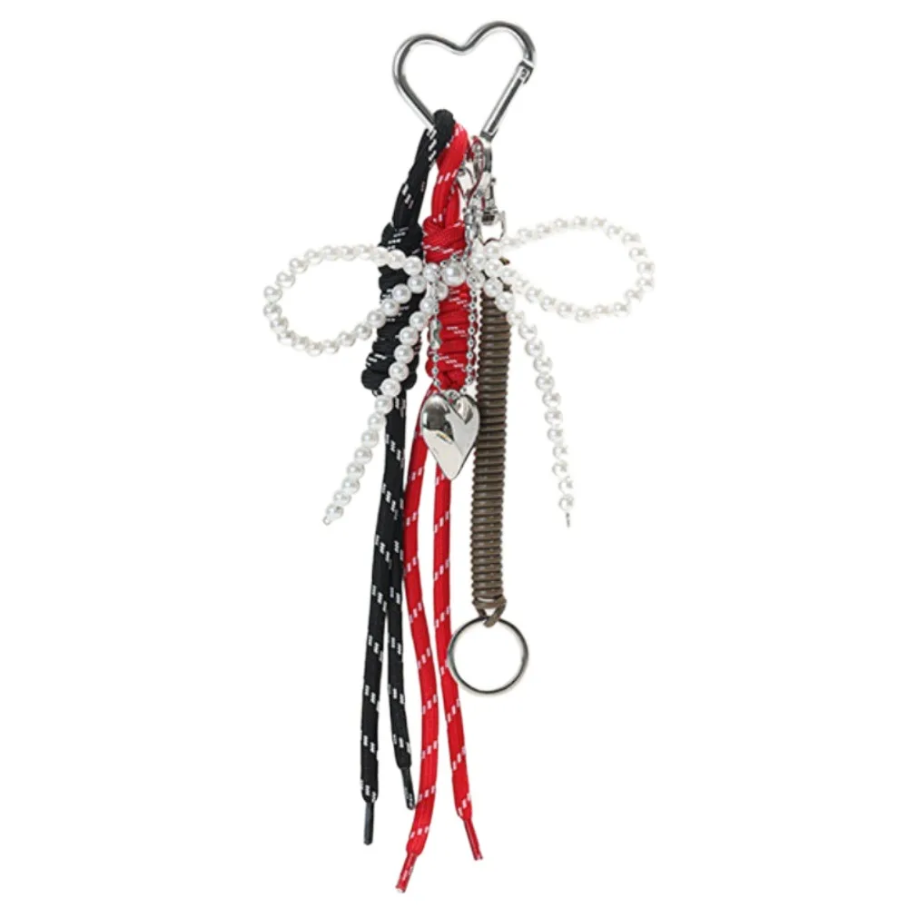 Glossy Leather Pearl Bow Keyring Bead Long Tassel Love Heart Backpack Pendant Y2k Korean Style 3D Bowknot Keychain