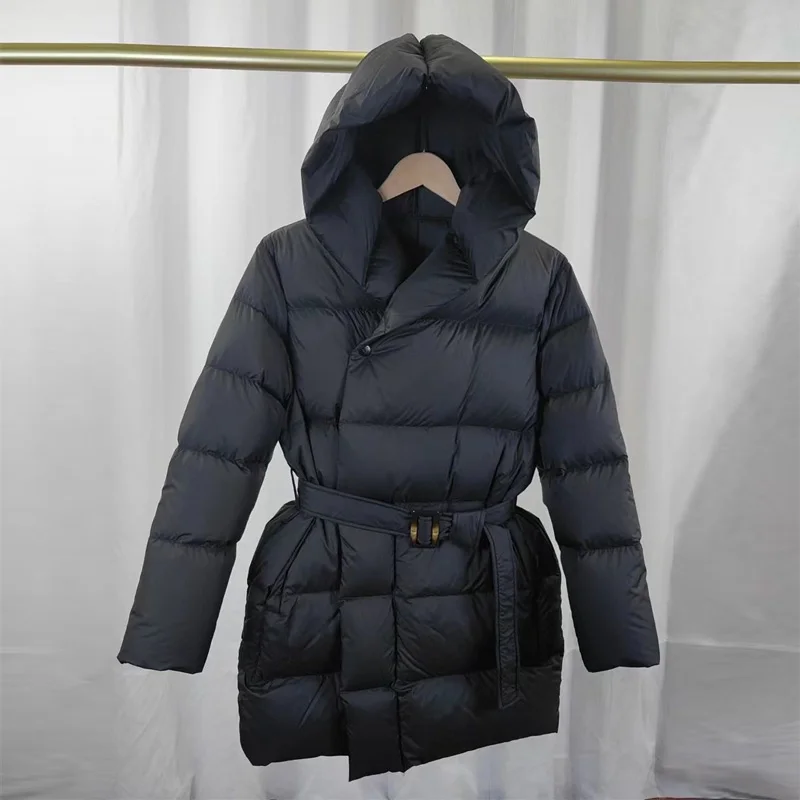 New Winter Women Warm Puffer Jacket Female Hooded Down Coat Snow Cotton Padded Coat Female With Belt Slim Waterproof Outwear