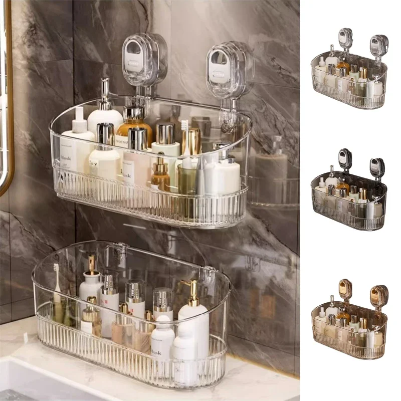 

Wall-mounted Storage Rack with Suction Cup Bathroom Shelf Punch Free Hanging Shower Drain Basket Cosmetics Storage Organizer