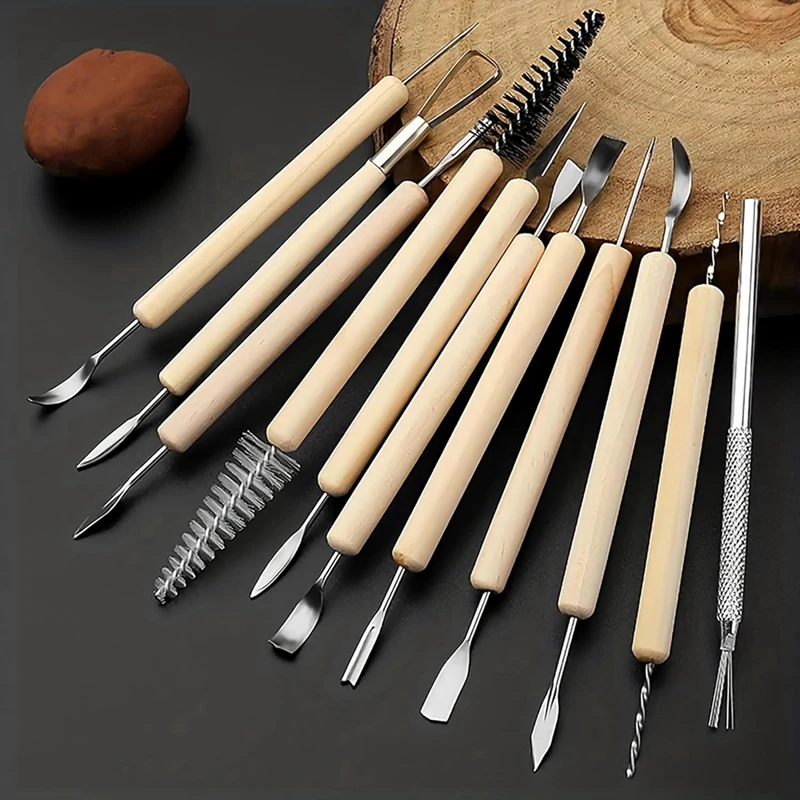 AT69 -11-Piece Wooden Handle Double Ended Modeling Tools Sculpting Tools For Clay Easy To Use Modeling, Trimming, And Cutting