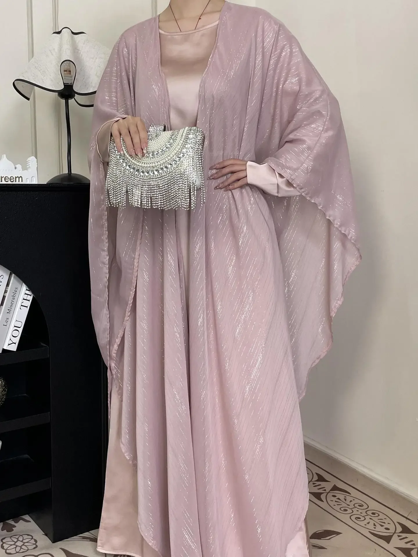 Ramadan Eid Muslimische Frauen Party 2-teiliges Set Kleid Jalabiya Offene Abayas Kaftan Dubai Vestidos Arabisch Marokko Kimono Strickjacke Robe
