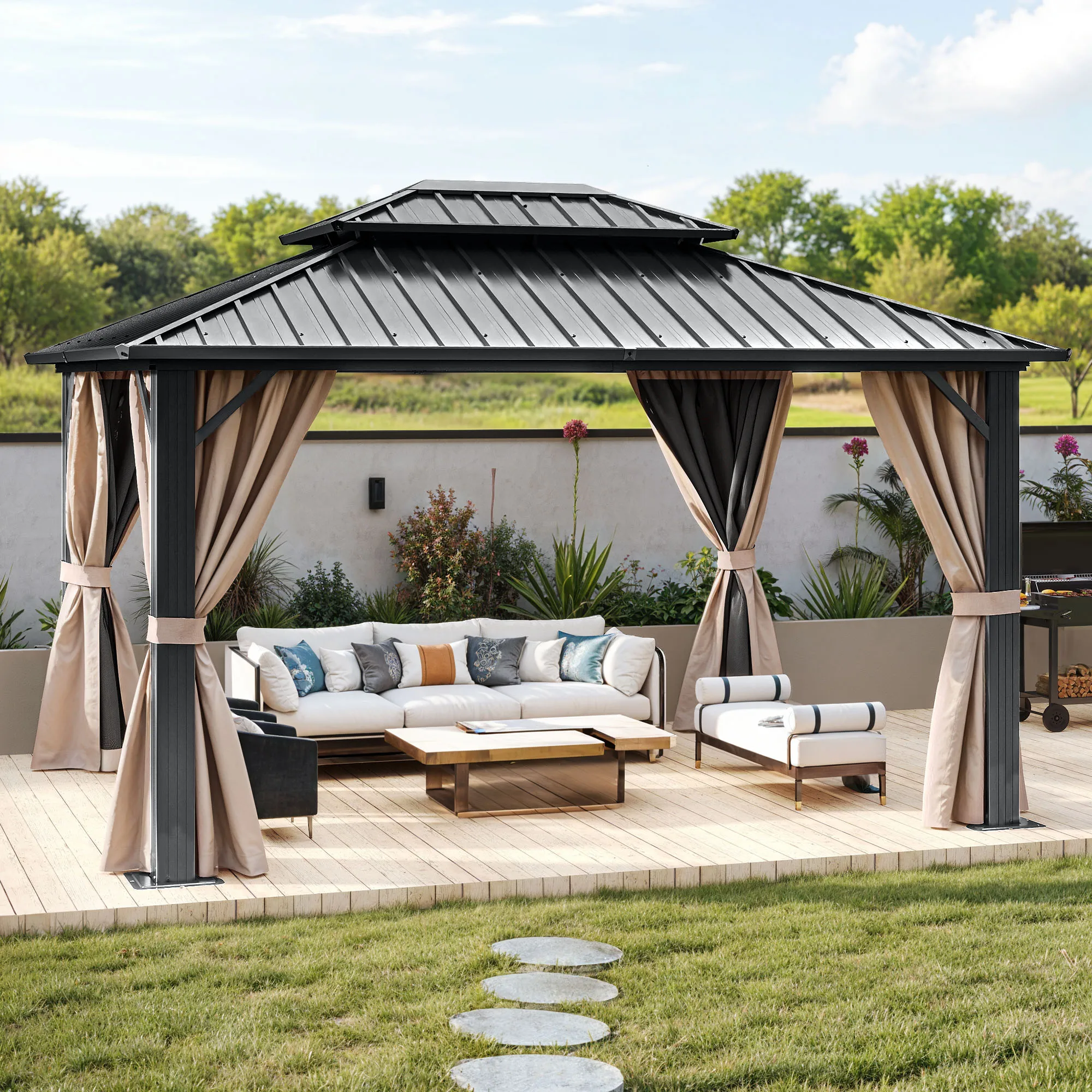 YITAHOME Tettuccio in acciaio zincato 3x3,65 m - Telaio rigido in alluminio a 2 livelli con tende a rete e ombreggiatura per patio/prato/ponte