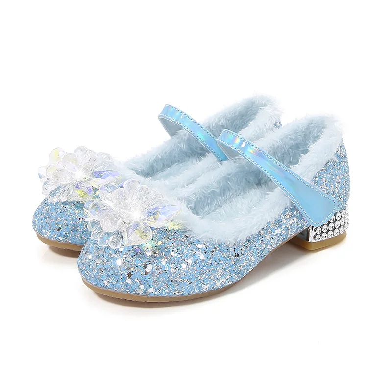 

2025 Winter Girls Princess Shoes Children Small High Heels Crystal Cotton Shoes Diamond Flower Soft Sole Kids Plush Warm Boots