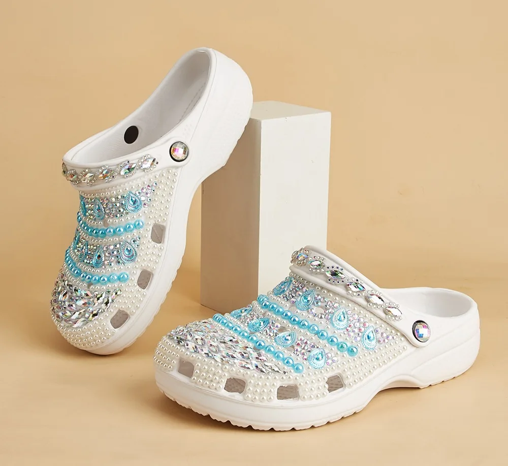 Summer New Colorful Diamond EVA Beach Hole Shoes Casual Dress Thick Bottom Flat Heel Water Diamond Large Size Women's Sandals