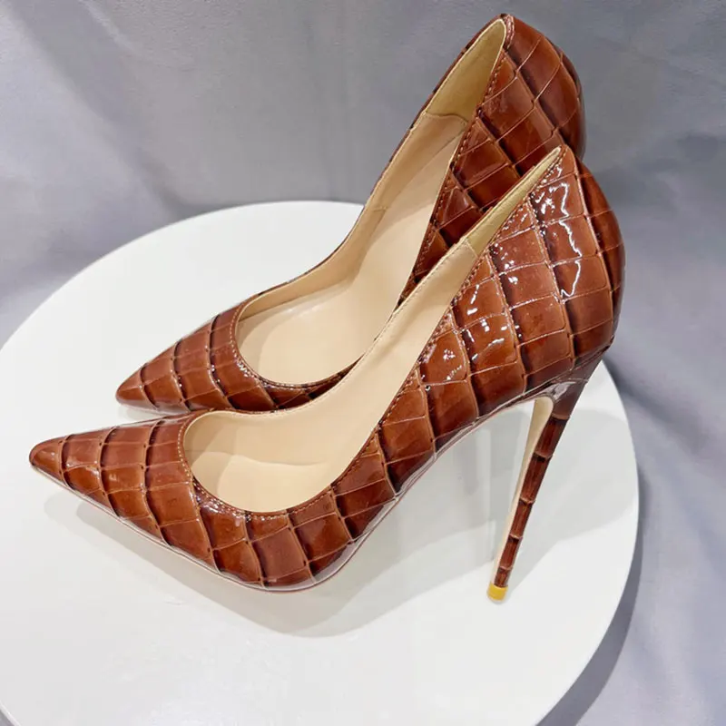 Tikicup Brown Crocodile Effect Women Sexy Pointy Toe High Heel Shoes Plus Size 33-46 Slip On Stiletto Pumps for Evening Dress