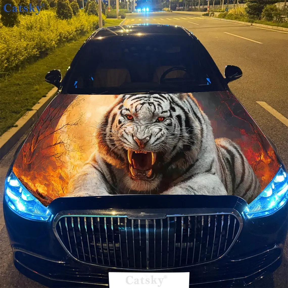 White Tiger in Flame, Car Hood Sticker, PVC Waterproof Self-Adhesive Car Hood Sticker, Car Hood Decoration Protection Sticker, A