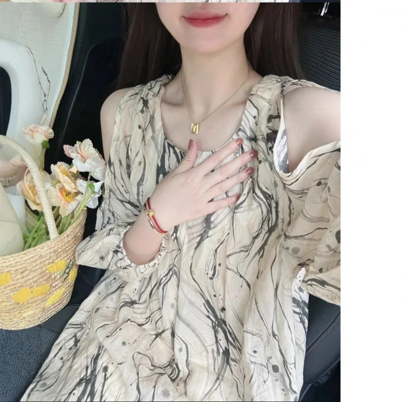 

French Style Abstract Painting Off-Shoulder Halter Dress for Women, Summer New High-End Chiffon Loose FashionableaShort Skirt