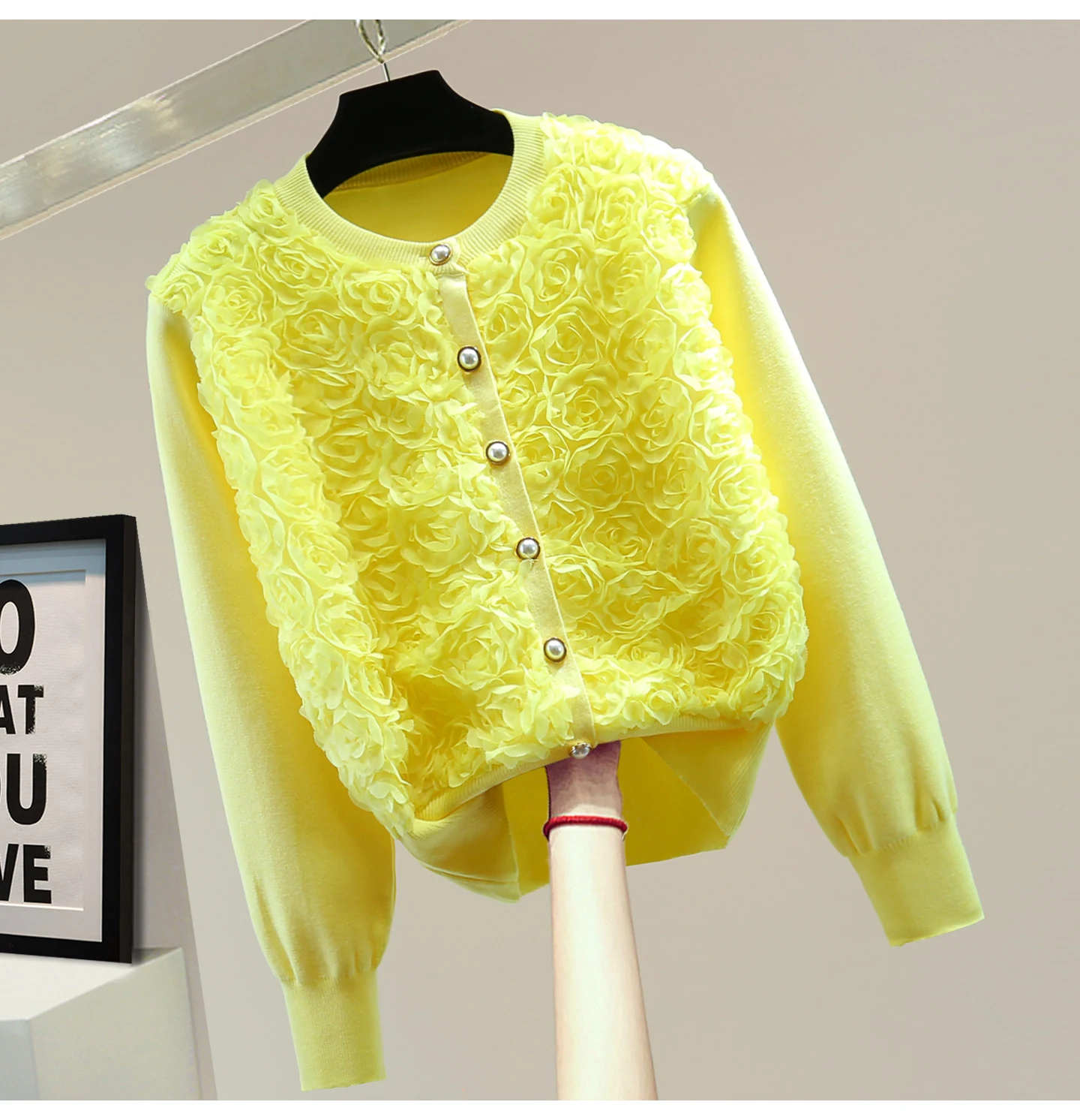 

Embroidery Rose Flower Round Neck Long Sleeve Knitted Sweater, 2025 Autumn Winter Casual Women's Yellow Cardigan Trendy
