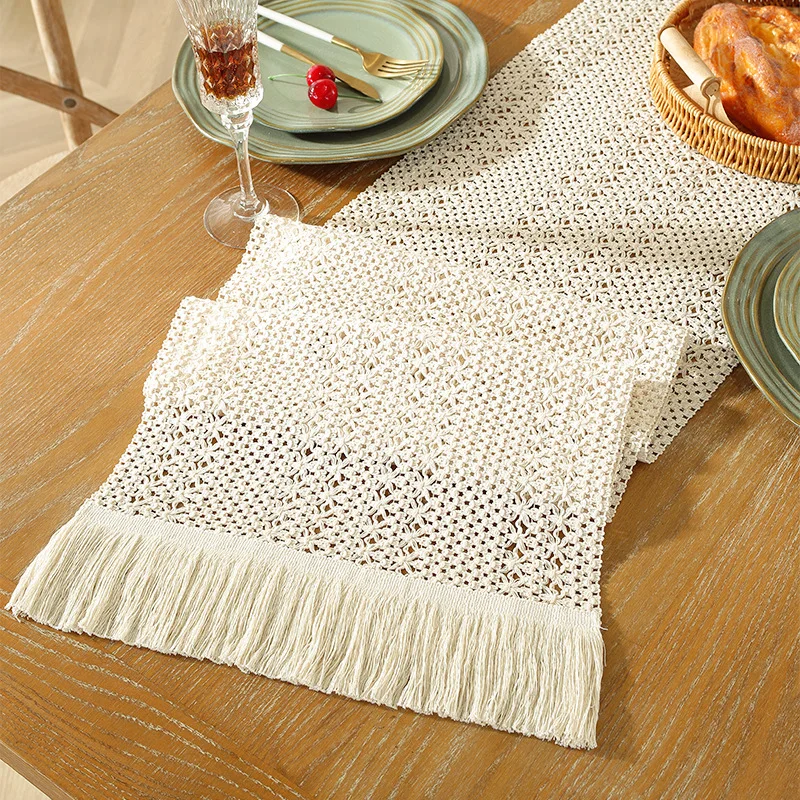 Cotton and linen woven table Runner, striped openwork, American holiday wedding decoration Solid Color long bed tail scarf