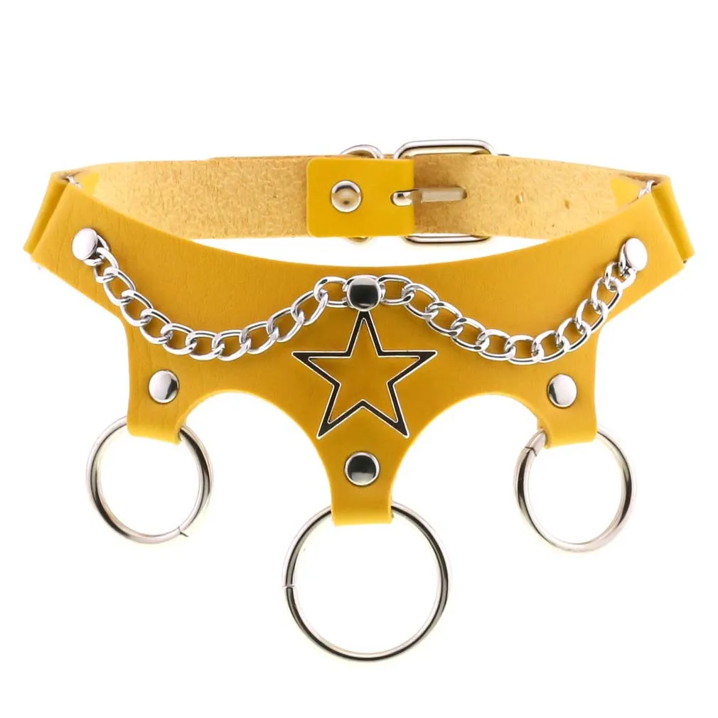 Punk Gothic Personality Exaggeration Wild Five-pointed star chain Circle Multicolored Leather Stainless steel Clavicle chain