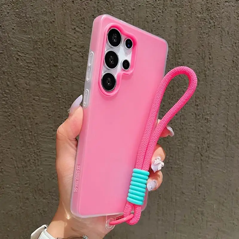 3 em 1 com alça de pulso geléia doce cor caso de telefone para samsung galaxy s25 ultra s24 s23 s22 plus fe fosco sólido cordão capa