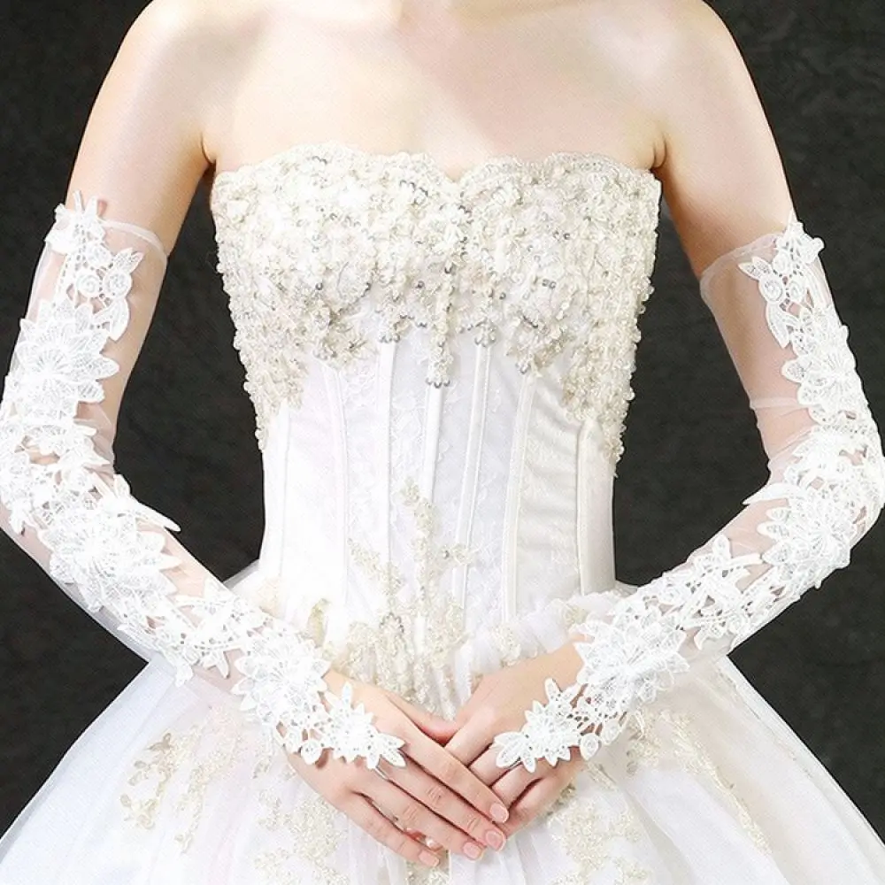 Long Sheer Lace Bridal Sleeves White Wedding Gloves Hollow Out Breathable Mesh For Evening Formal Dress