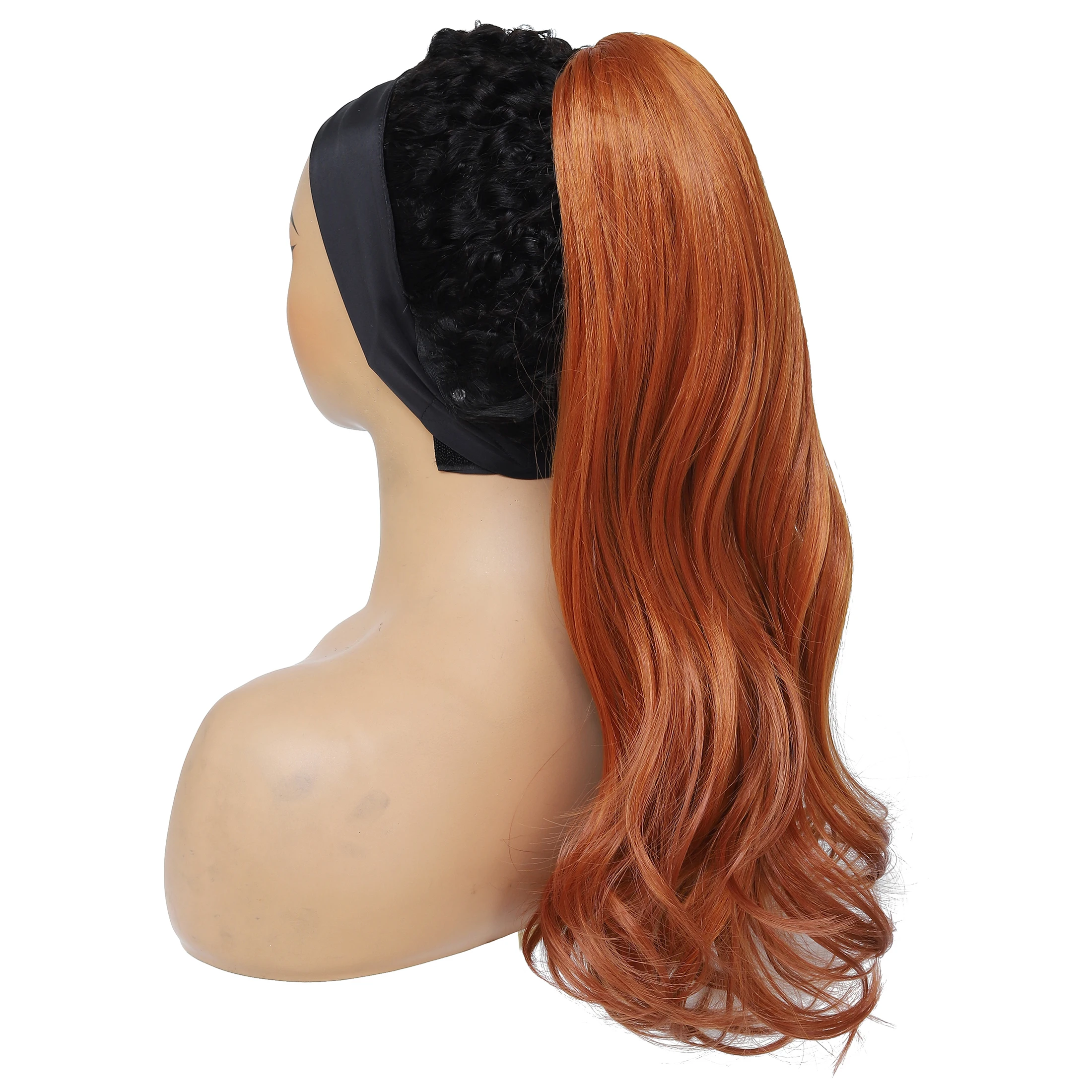 Ekstensi ekor kuda 20 inci, rambut palsu keriting bergelombang klip dalam, ekstensi rambut poni panjang oranye untuk wanita