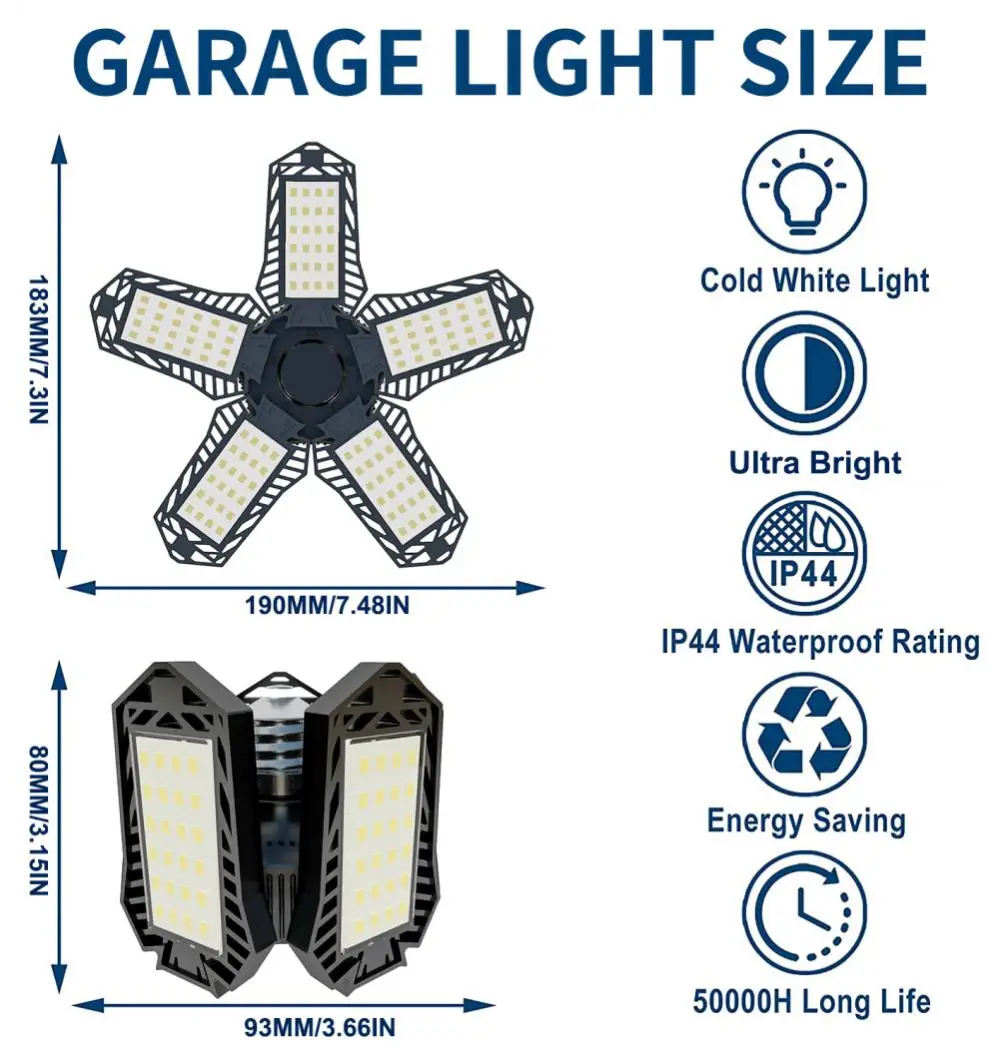 Imagem -06 - Deformável Fan Blade Bulbo Painéis Ajustáveis Garagem Luzes Led Durável Teto Loja Lâmpada de Trabalho Casa E26 E27 5000 Lumen