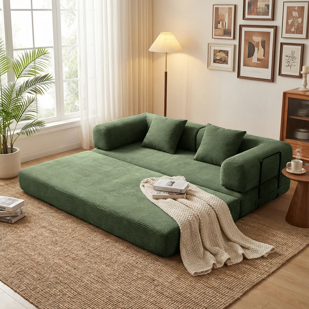 

Deep Green Sofa Bed: 2-in-1 Foldable Futon, Velvet Corduroy, Space-Saving (78.7"L)