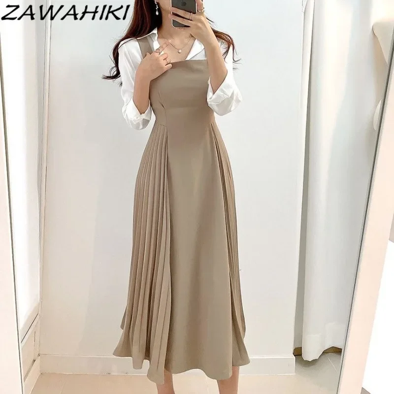 Korean Fashion Elegant Temperament Solid Color Vintage All Match Pleated Spaghetti Strap Dress Casual Minimalist Vestidos Mujer