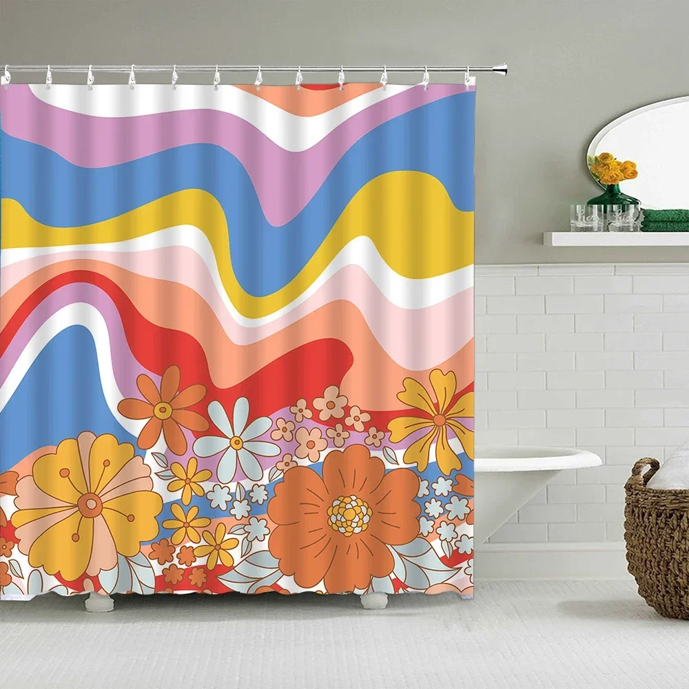 Vintage Rainbow Floral Shower Curtain 70s Colorful Stripe Fun Elegant Bohemian Abstract Style Bathroom Decoration Shower Curtain