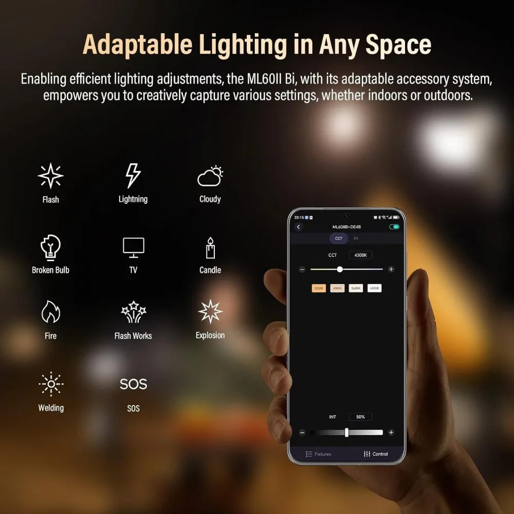 Godox ML60II Bi 70W Bi-Color LED Video Light 2800-6500K CRI96 TLCI97 11 FX APP Control for Vlog Studio Photography