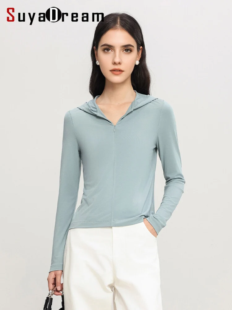 

SuyaDream, Women Hooded T Shirts, Silk Viscose Blend, Plain Long Sleeved Solid Tee, 2025 Spring Autumn Basic Top, Blue, Pink