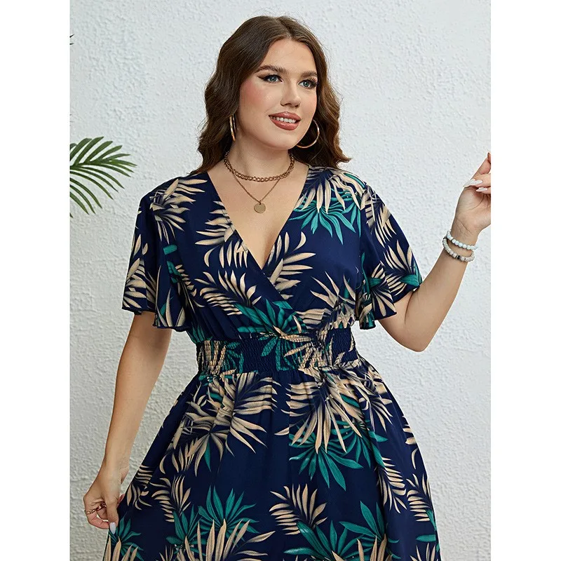 ผู้หญิงดอกไม้กระโปรงสาย Boho PLUS ขนาดผู้หญิงดอกไม้ลึก V แขนสั้น Ruffled กระโปรงสั้นชุดลําลอง