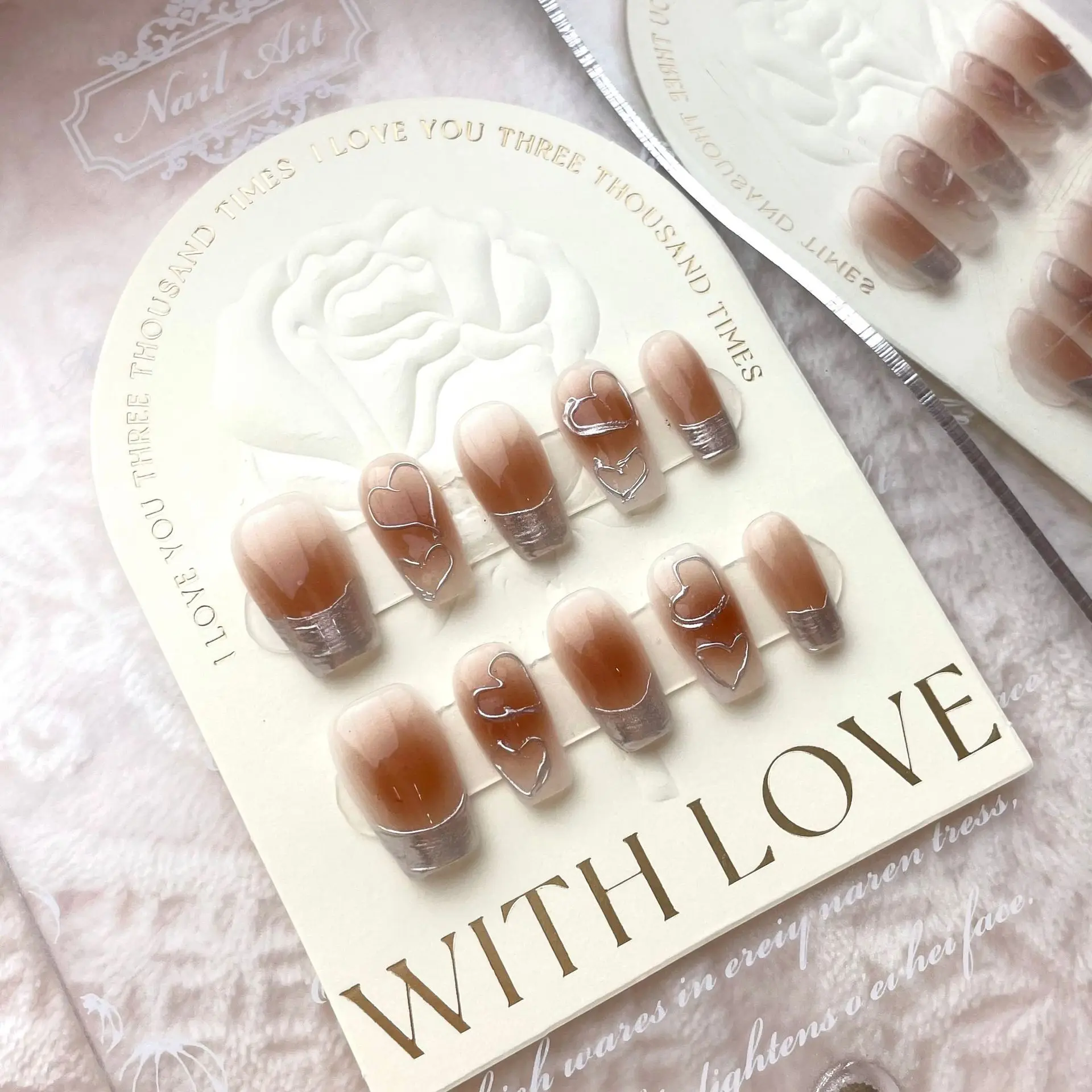 10 pcs Luxury Handmade Press on Nails Short Ballet Caramel love Design False Nails with 4-PIECE Tool Adhesive Nail Glue Tabs