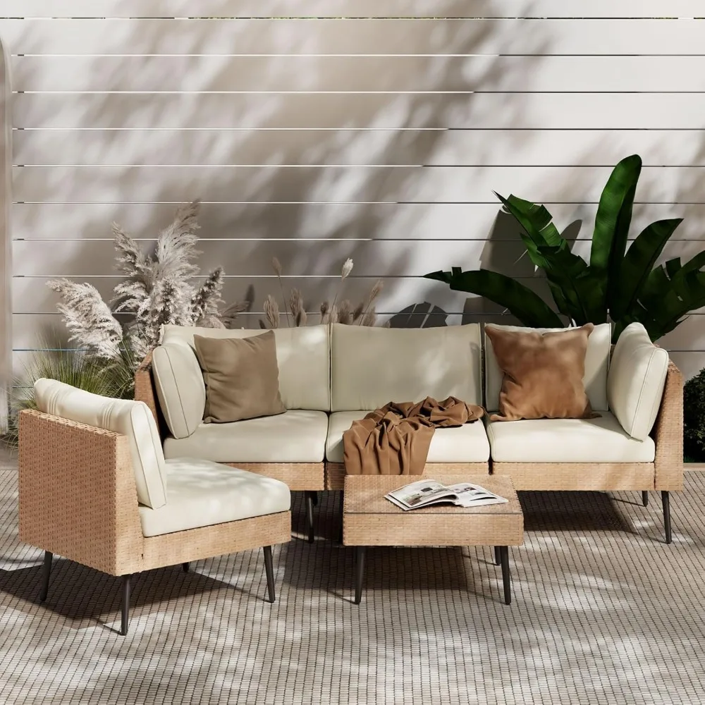 

5-Piece Wicker Outdoor sectional Patio Furniture Set with Durable Dense PE Rattan, Conversation Patio Furniture with Washable Th