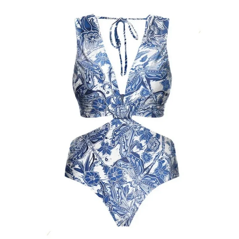 

Women's Sexy Printed Ruffle One Piece Swimsuit Flat Belly Swimwear with Belt Cover up for Beach Outings 2025 Bath Suit