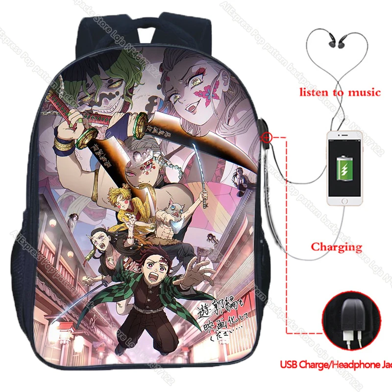 Demon Slayer Kimetsu Không Yaiba USB Ba Lô Nezuko Uzui Tengen Laptop Sinh Viên Chống Nước Trường Ba Lô Thanh Thiếu Niên Du Lịch