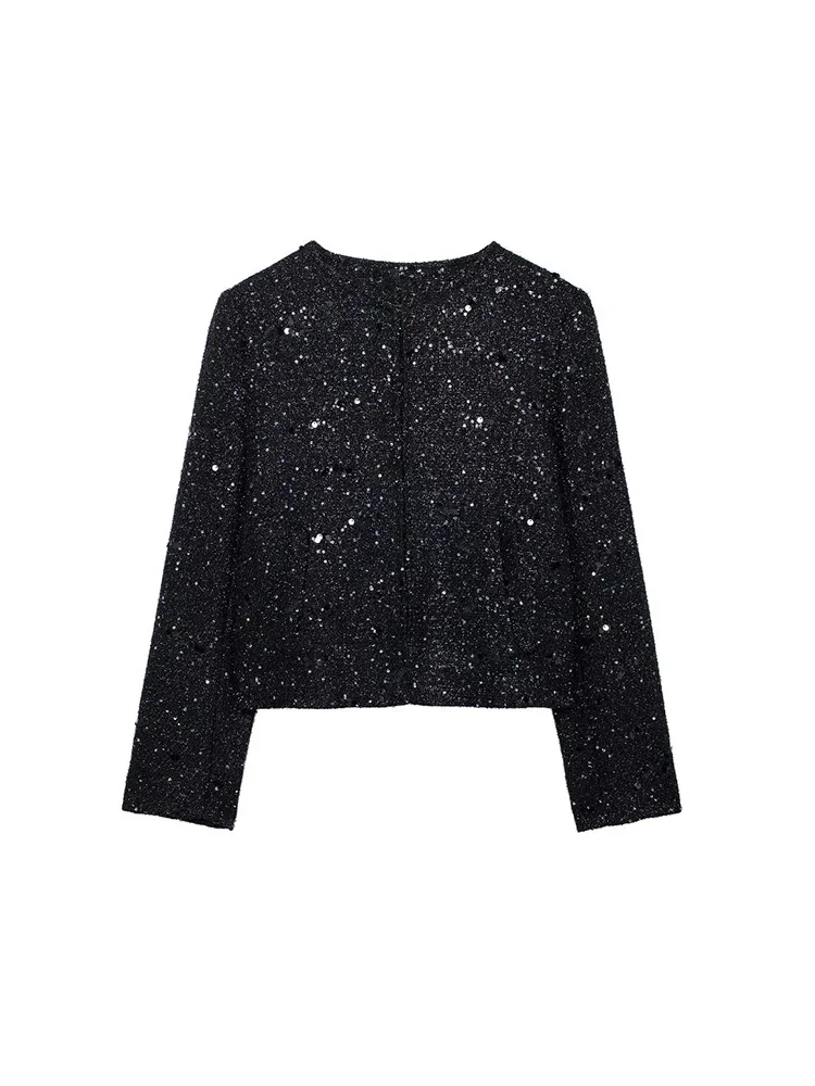 Willshela Moda donna con paillettes Blazer monopetto nero Vintage O-Collo maniche lunghe Abiti da donna chic femminili