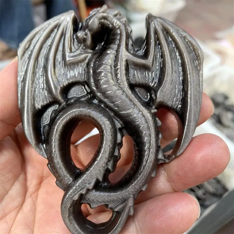 

Natural Silver Obsidian Dragon Carving Healing Fengshui Stone Crystal Home Decoration Holiday Gift 1pcs